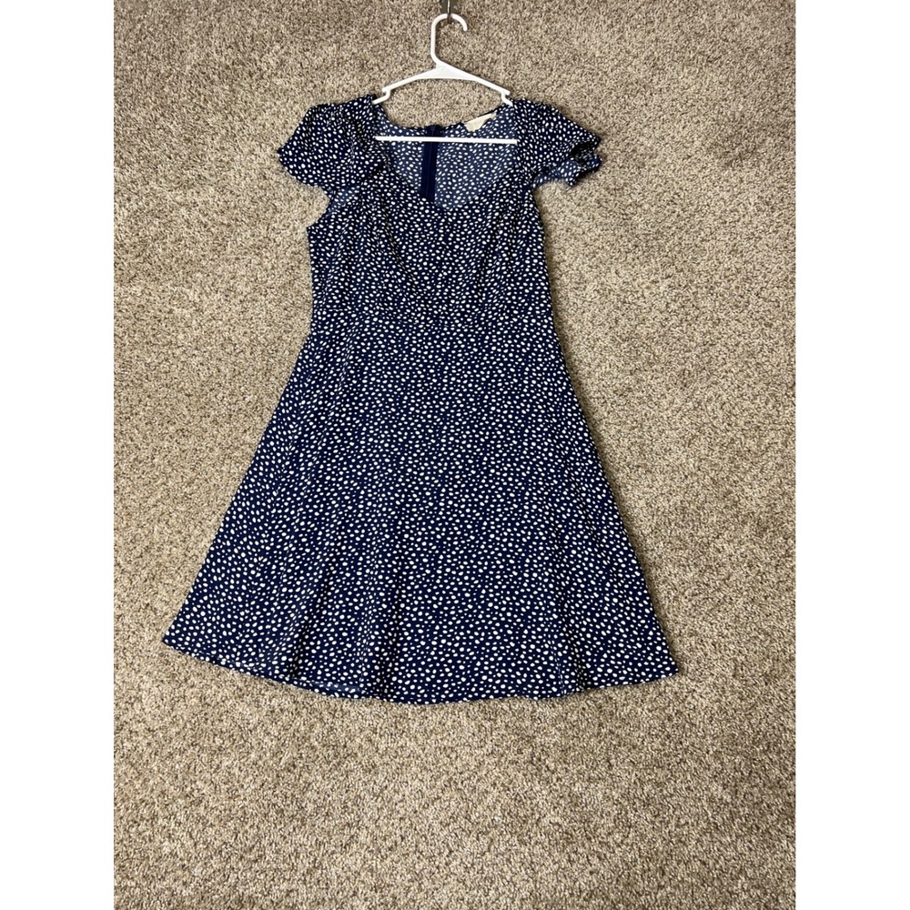 Altar'd State Navy Blue Polka Dot Flutter Sleeve Fit and Flare Dress Small
